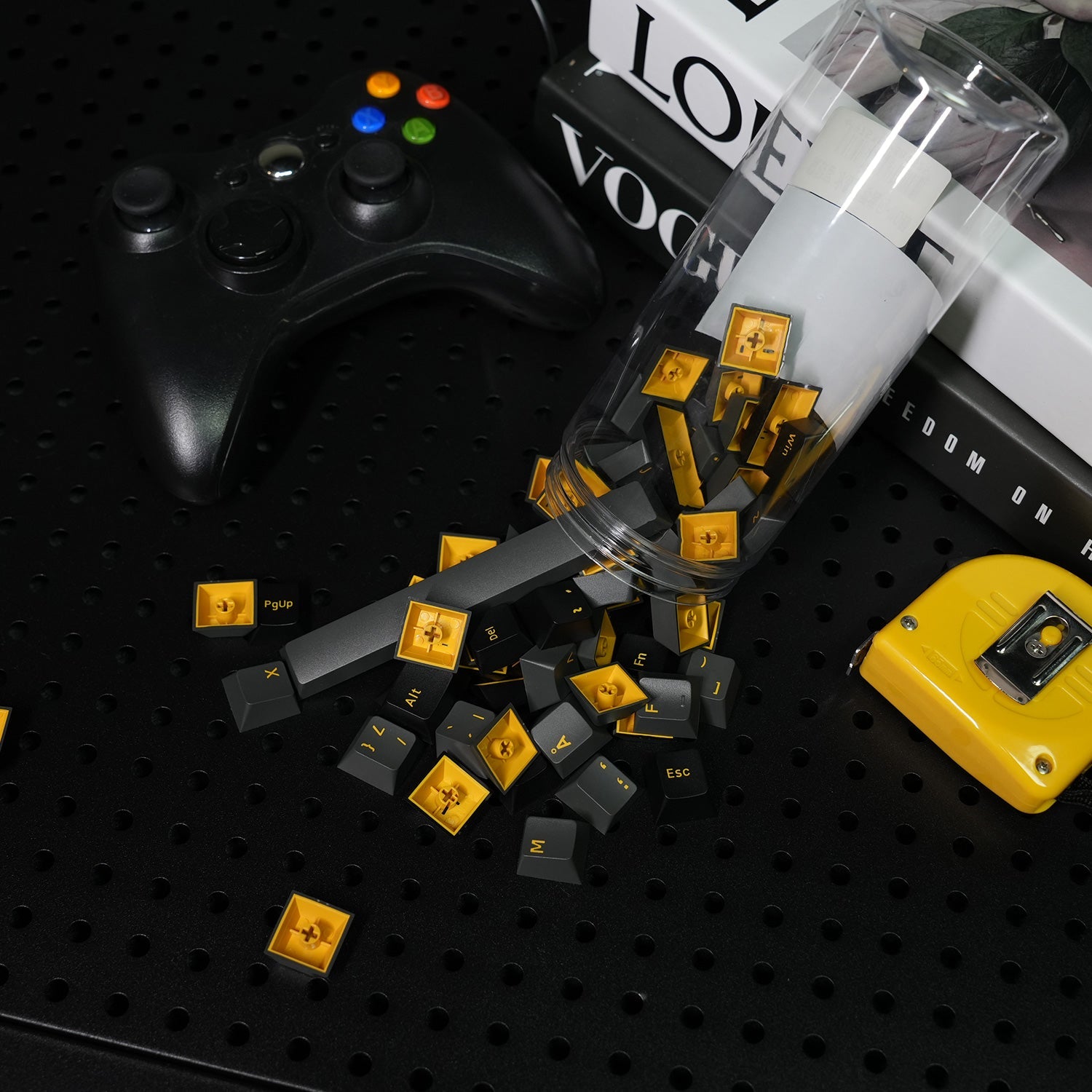 Black & Gold ISO Nordic Keycap Set (76-key) in the Jar and on the Desk