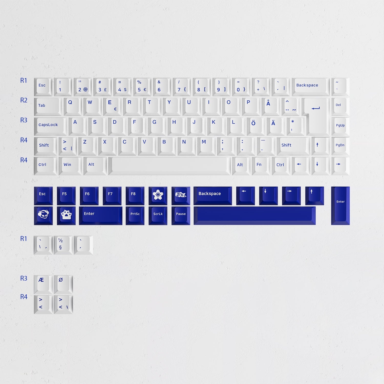 Blue on White ISO Nordic Keycap Set (76-key) Row Height