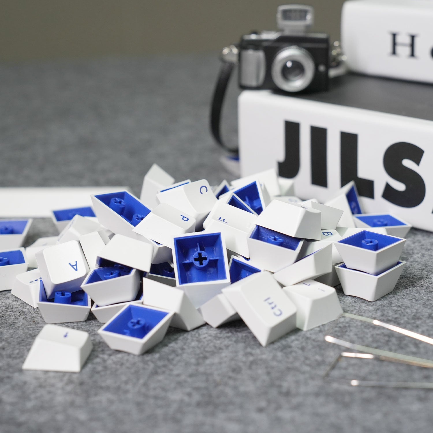 Blue on White ISO Nordic Keycap Set (76-key) Details on the desk
