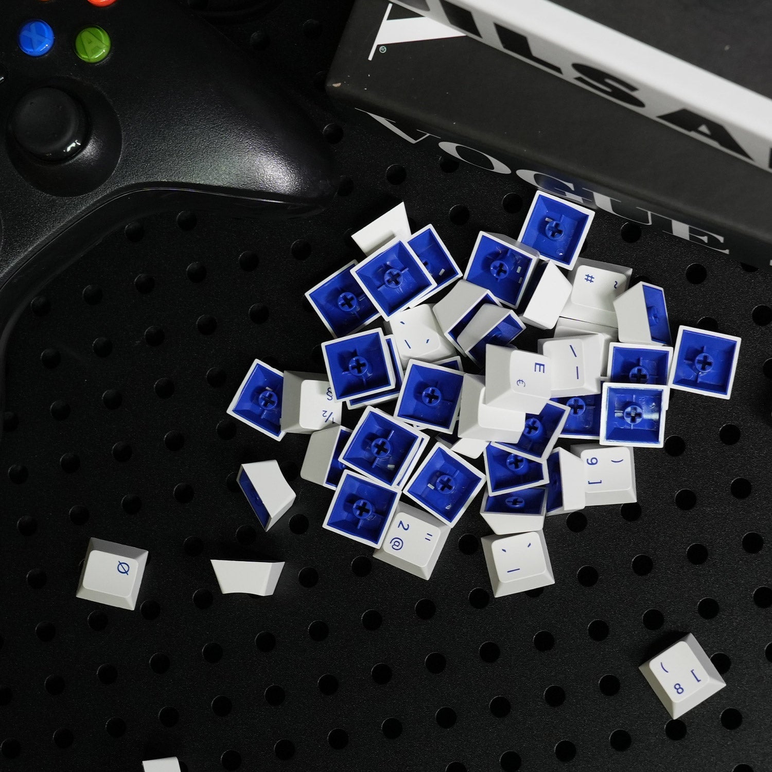 Blue on White ISO Nordic Keycap Set on the Desk Front and Back Side Details