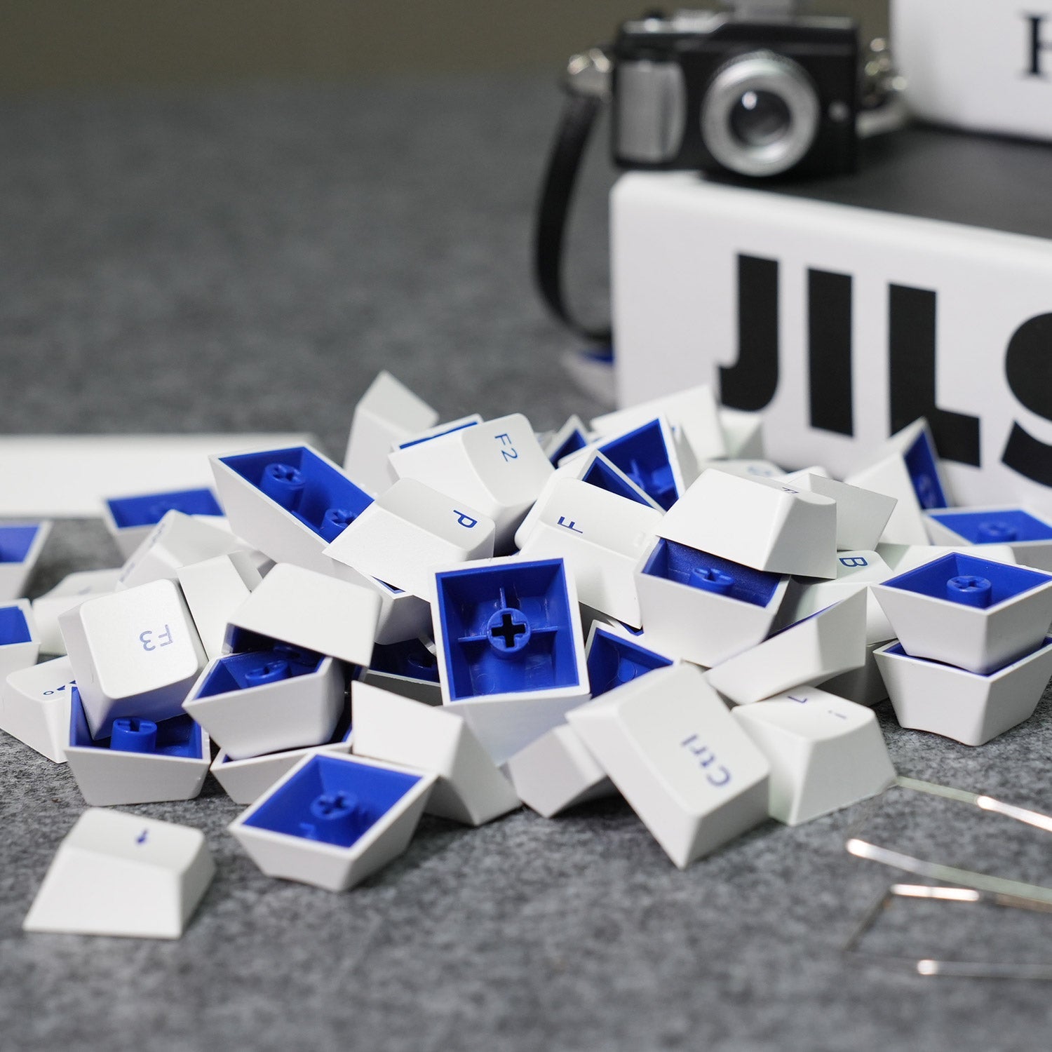 Blue on White ISO Nordic Keycap Set Key Details on the Desk