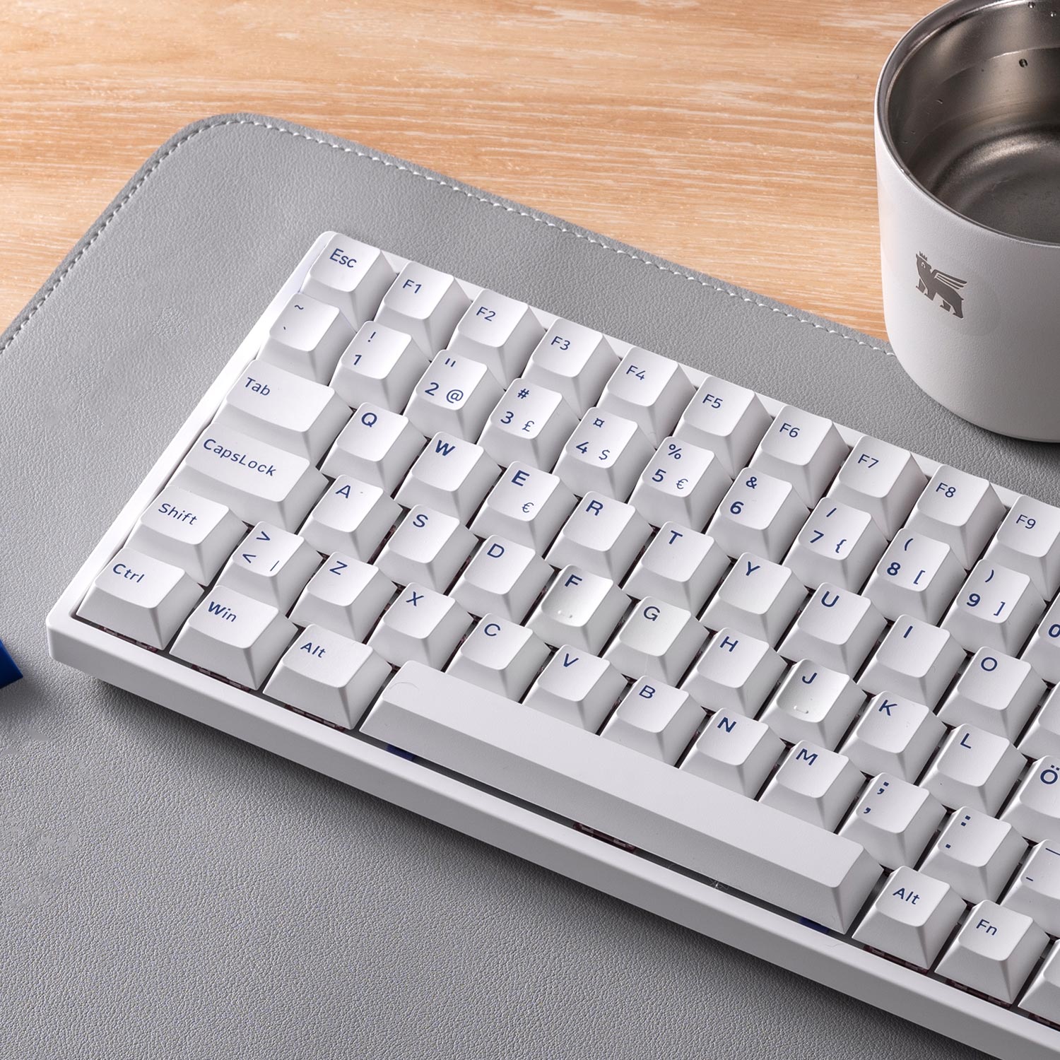 Blue on White ISO Nordic Keycap Set Installed on the Keyboard Left Details