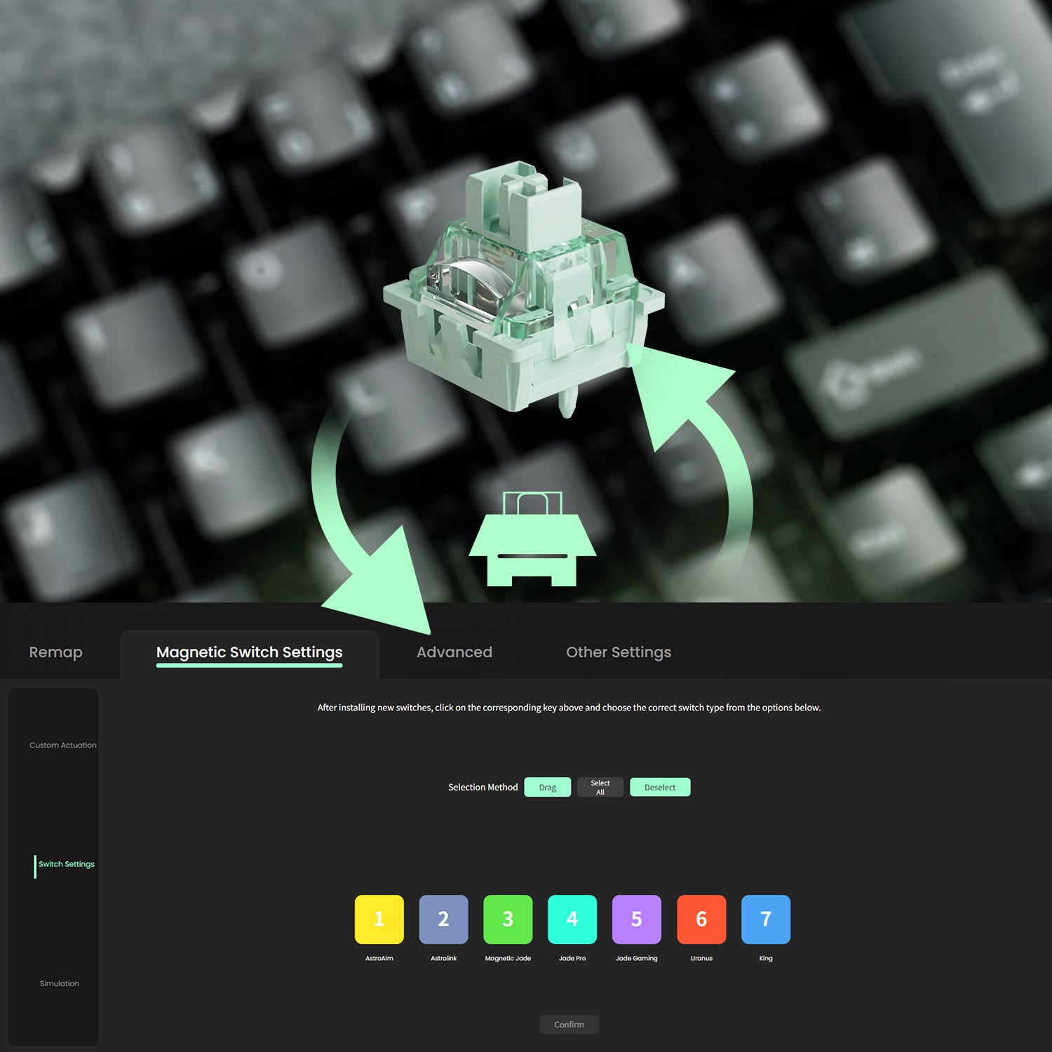 Monsgeek FUN68 ISO HE Keyboard switch with magnetic switch settings interface