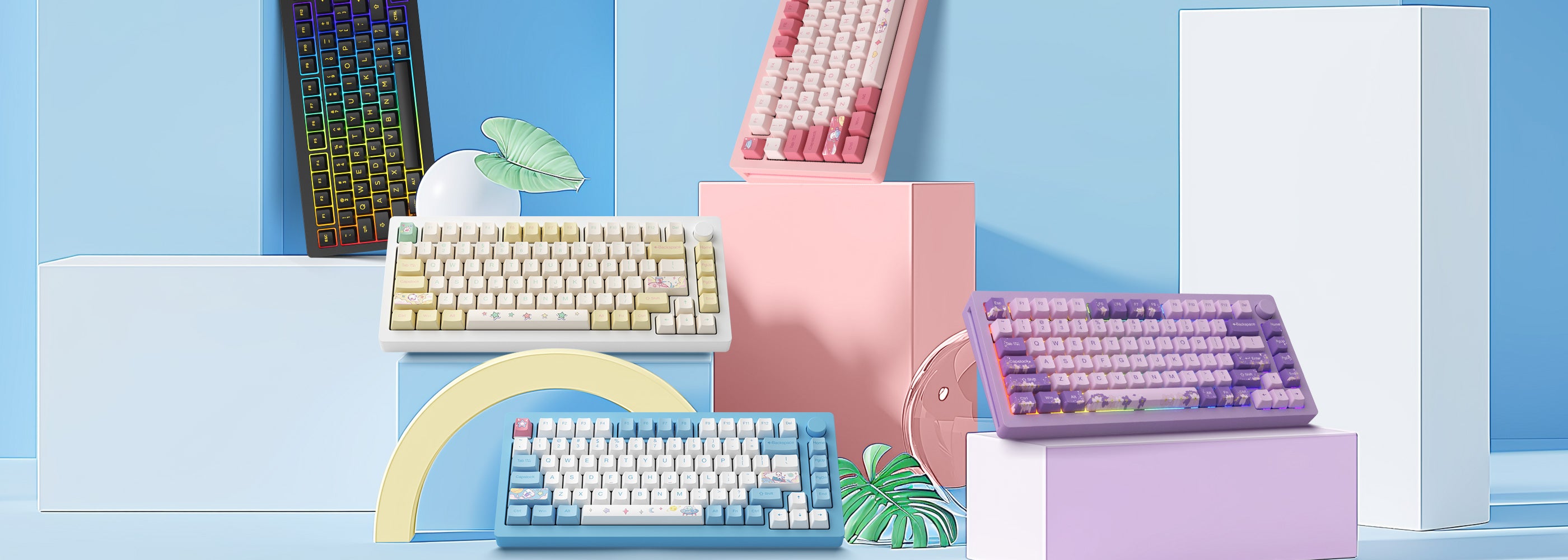 5 monsgeek m1w aluminum mechanical keyboards on the displaying desks