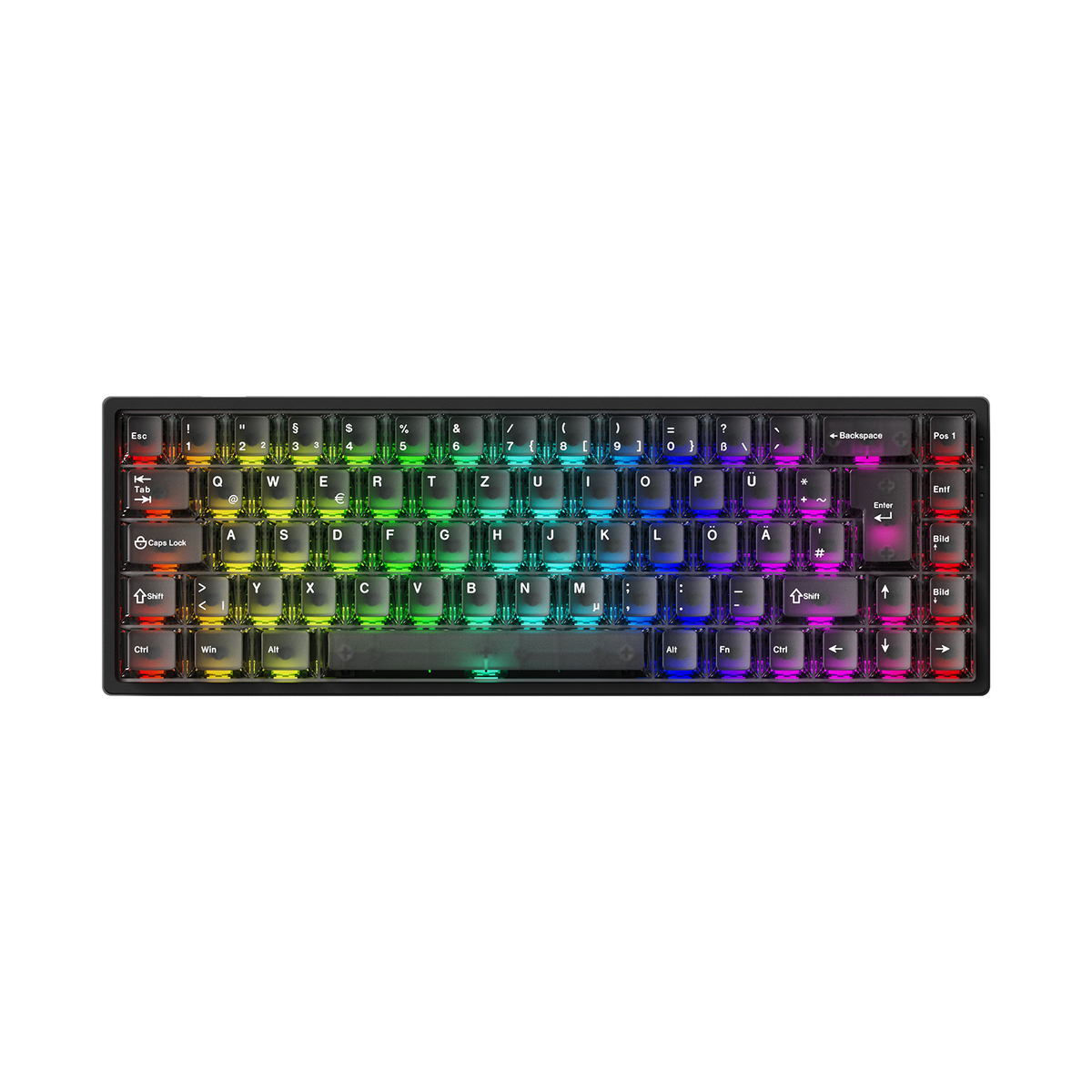 RGB Monsgeek FUN68 ISO HE Keyboard with colorful backlight on a white background