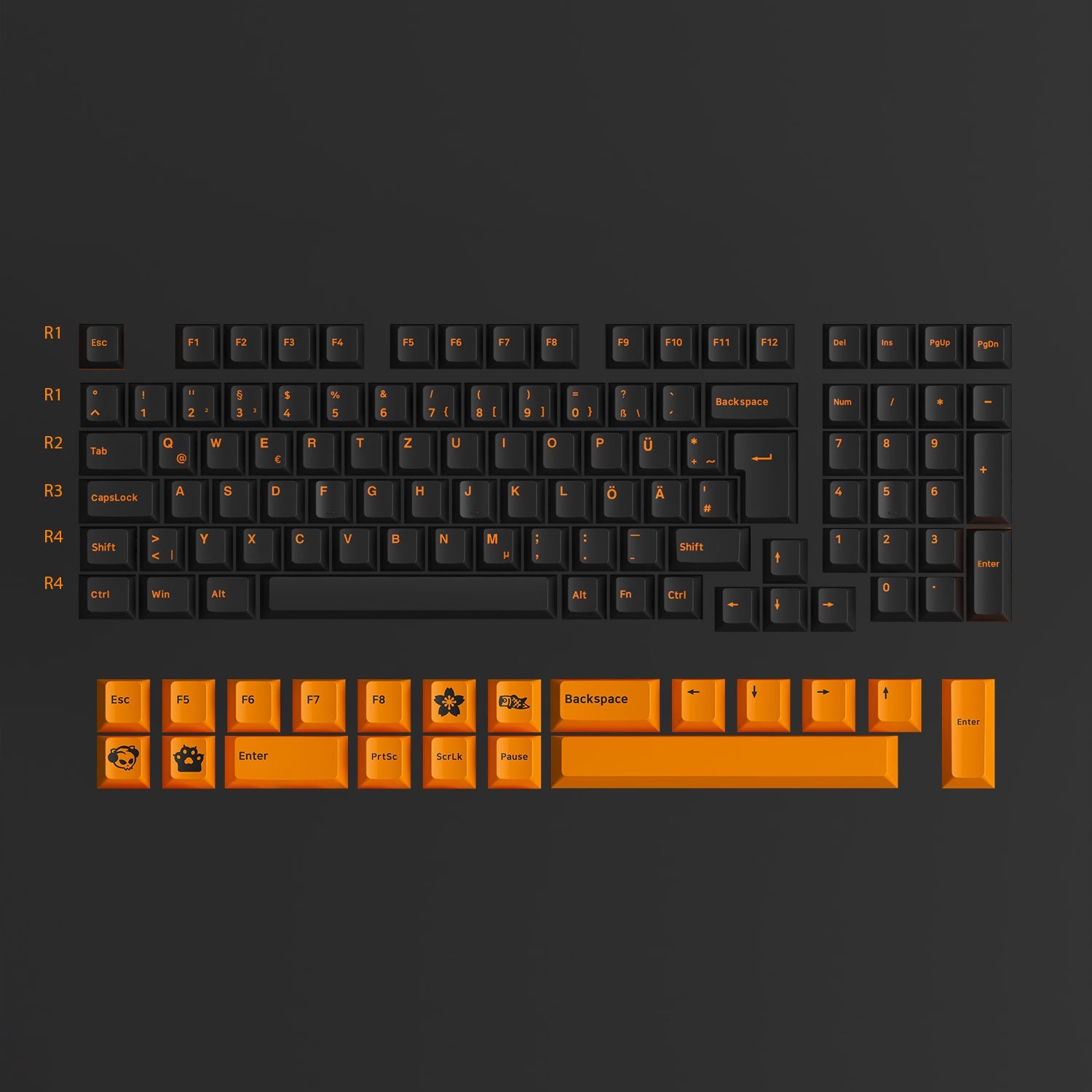 Orange on Black ISO DE Keycap Set 99 Keys Row Height Profile