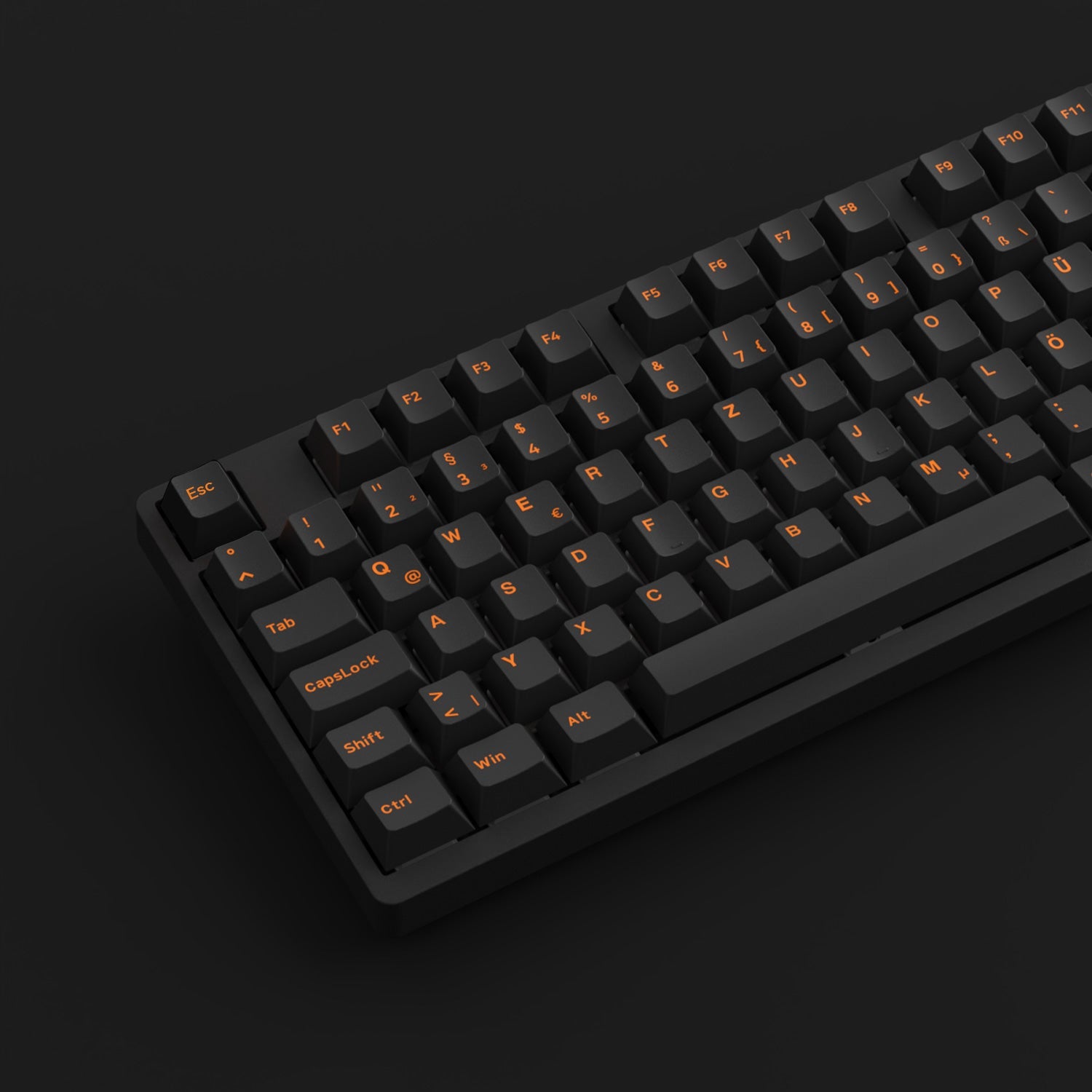 Orange on Black ISO DE Keycap Set 99 Keys Installed on the Keyboard Left Side Details