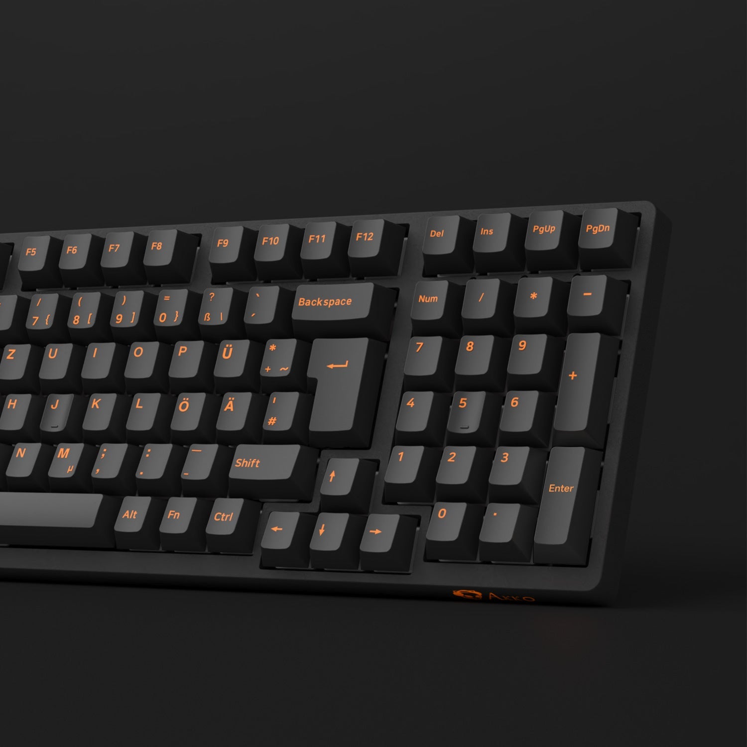 Orange on Black ISO DE Keycap Set 99 Keys Installed on the Keyboard Standing Side Details