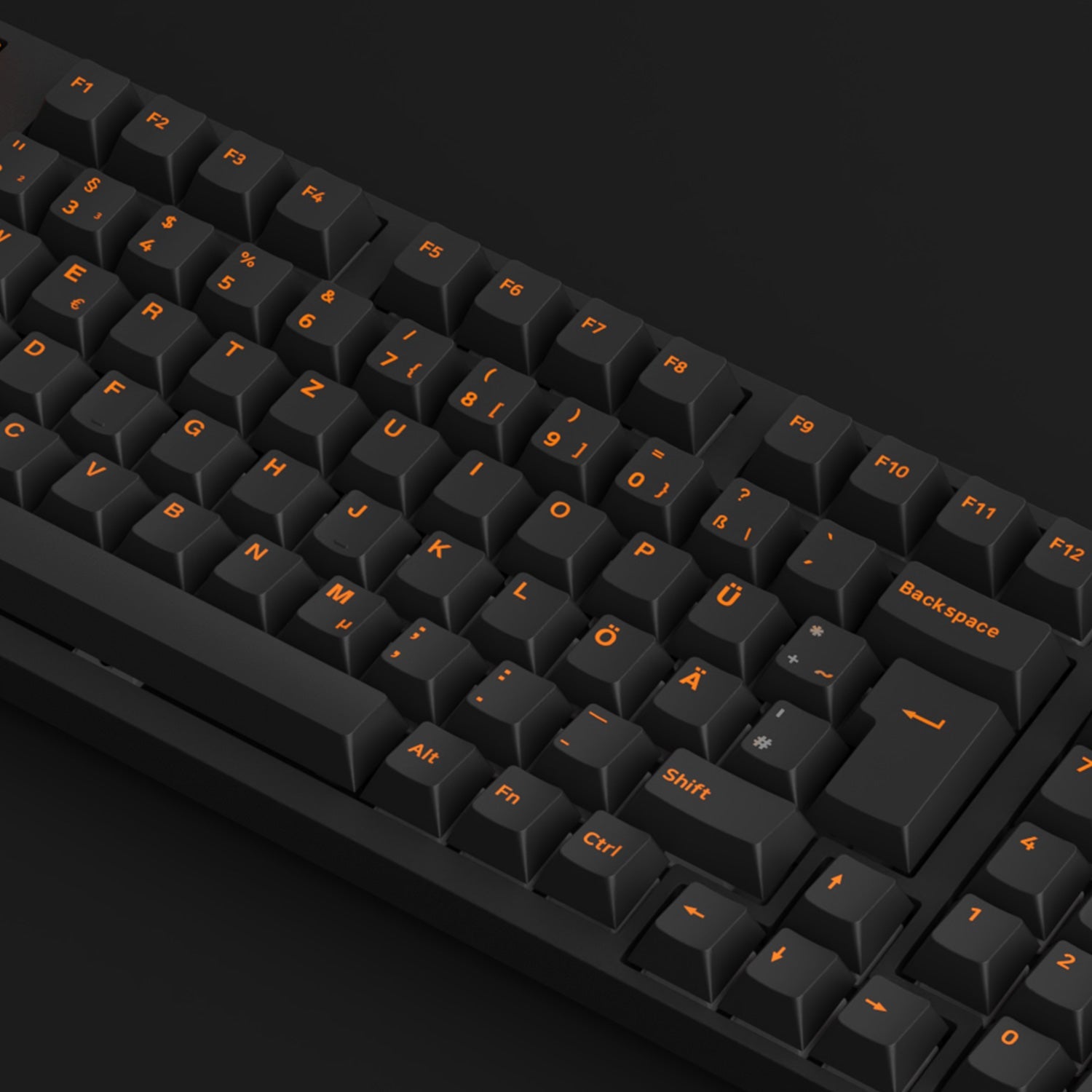 Orange on Black ISO DE Keycap Set 99 Keys Installed on the Keyboard Right Side Details