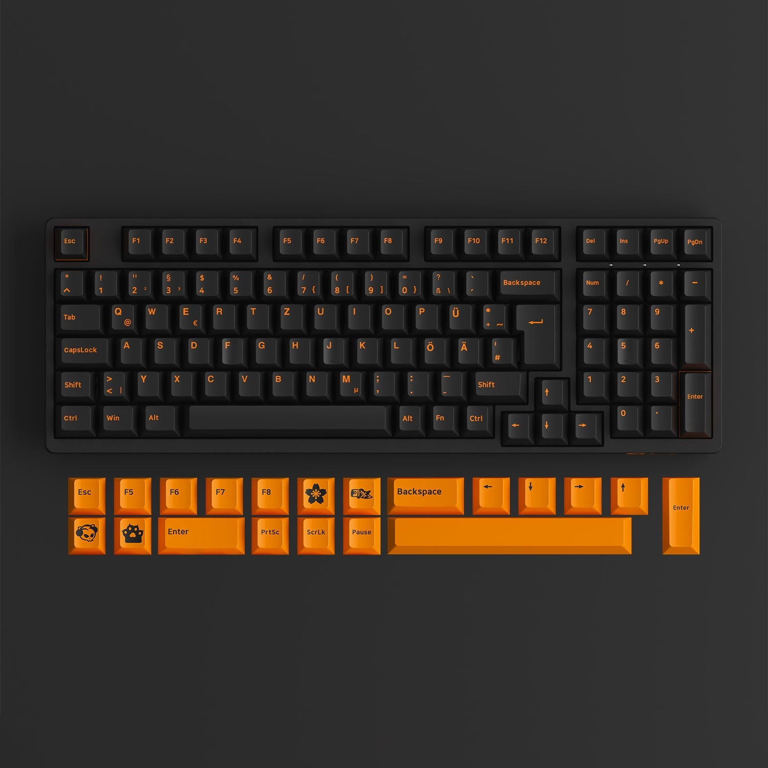 Orange on Black ISO DE Keycap Set 99 Keys Installed on the Keyboard
