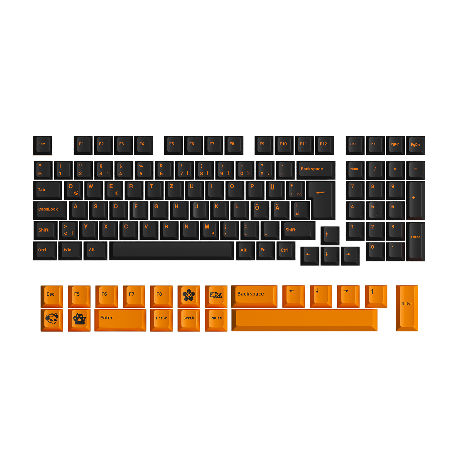 Orange on Black ISO DE Keycap Set 99 Keys