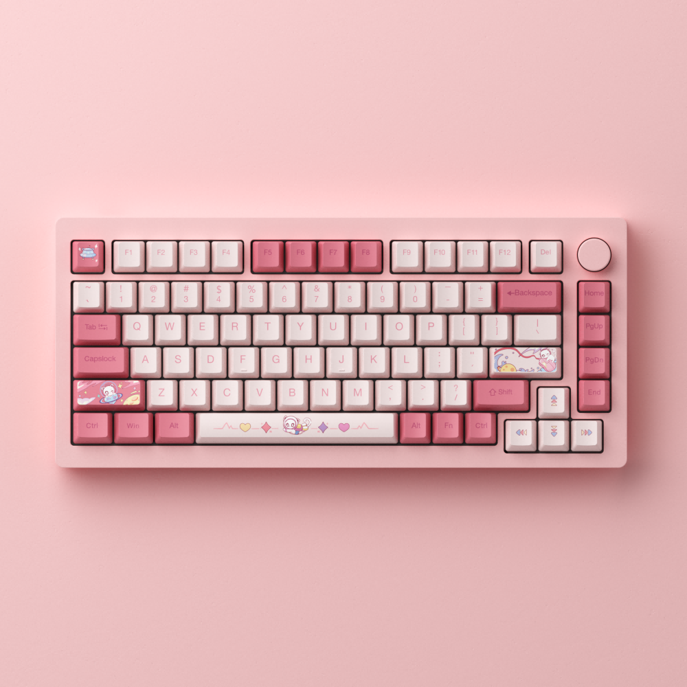pink monsgeek m1w aluminum mechanical keyboard with pink backgound