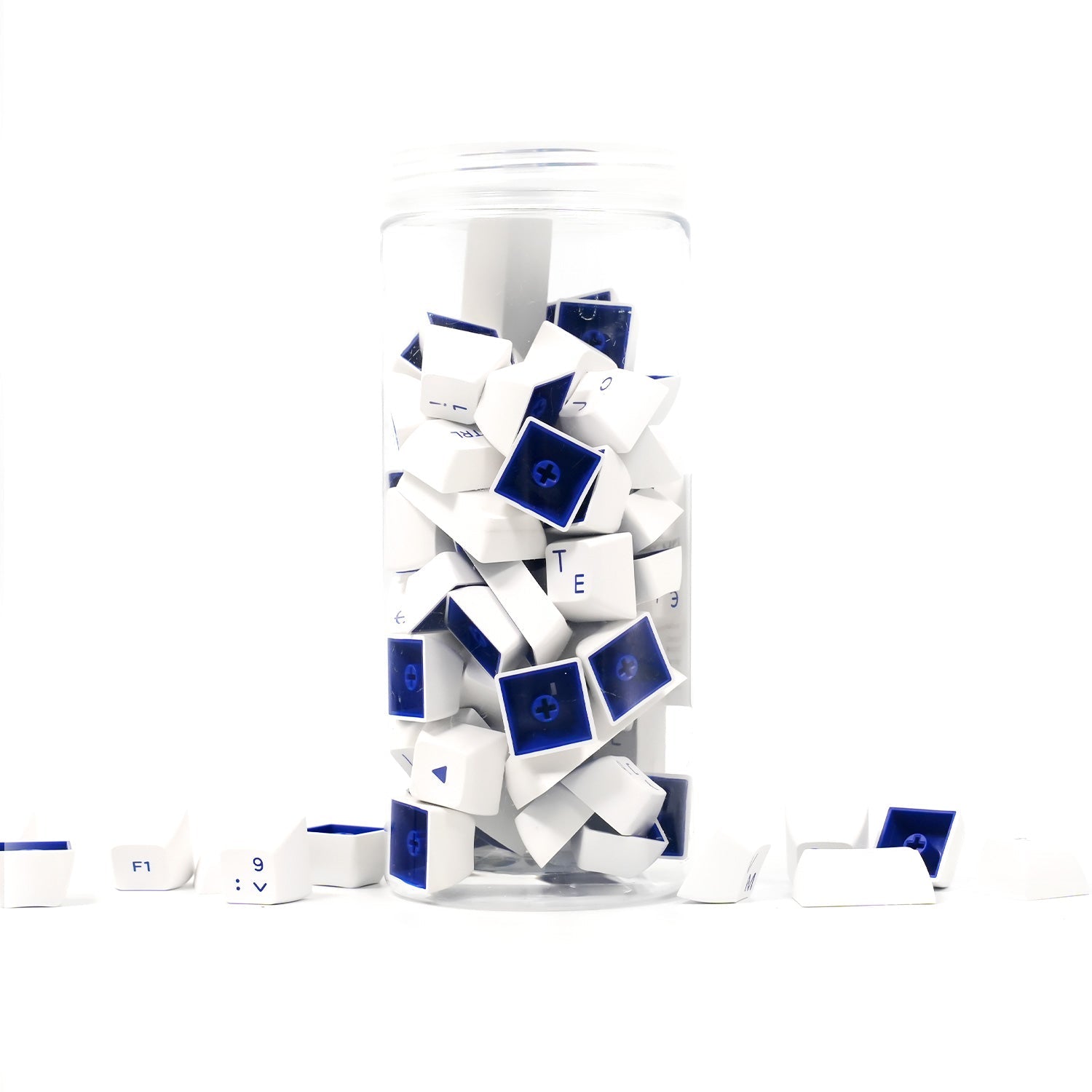 Akko Blue on White Cyrillic Keycap Set (84-key) Jar Packaging